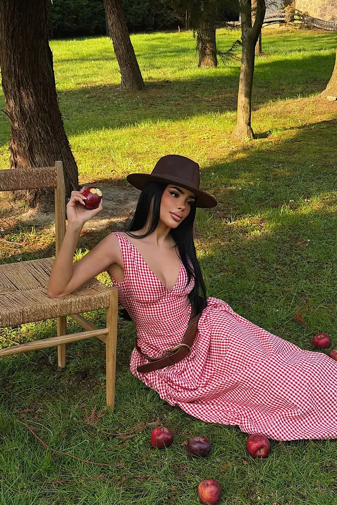 EYYO ATELIER Red Checkered A Line Sleeveless Dress Wholesale Clothing Boho