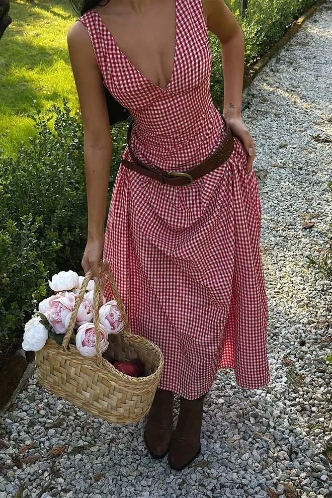 EYYO ATELIER Red Checkered A Line Sleeveless Dress Wholesale Clothing 1