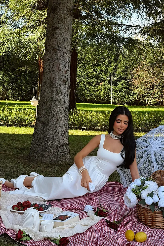 EYYO ATELIER Elegant White A Line Dress With Square Neck Wholesale Clothing Lounge