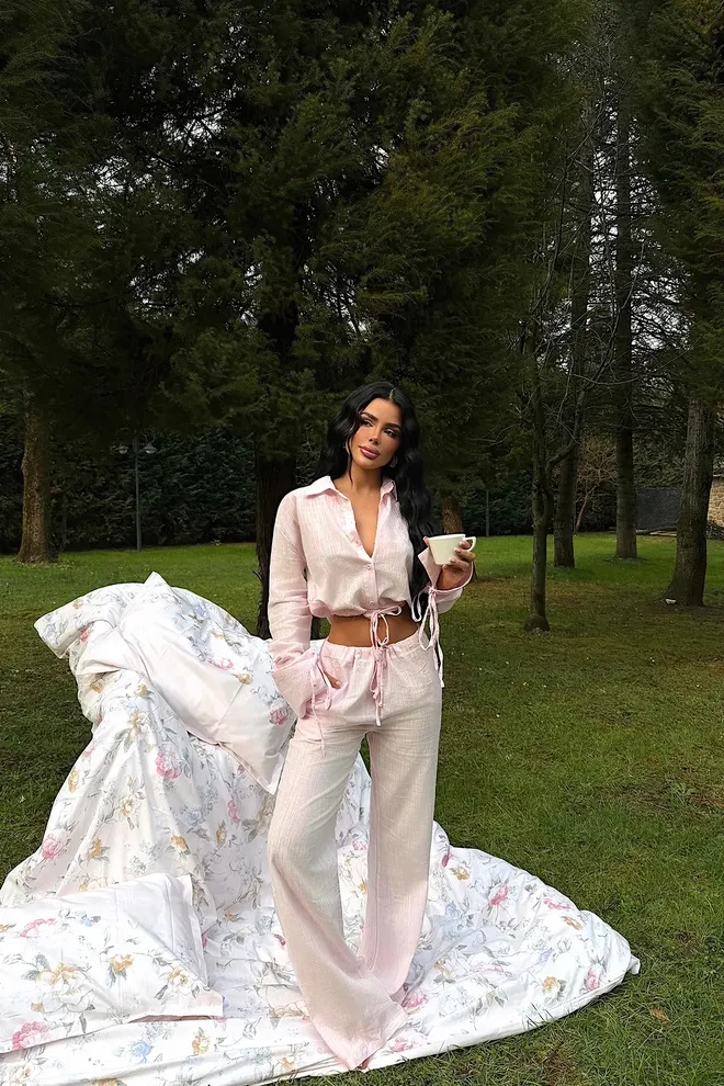 EYYO ATELIER Conjunto Casual Elegante Rosa Con Pantalones Palazzo Ropa al por mayor Casual