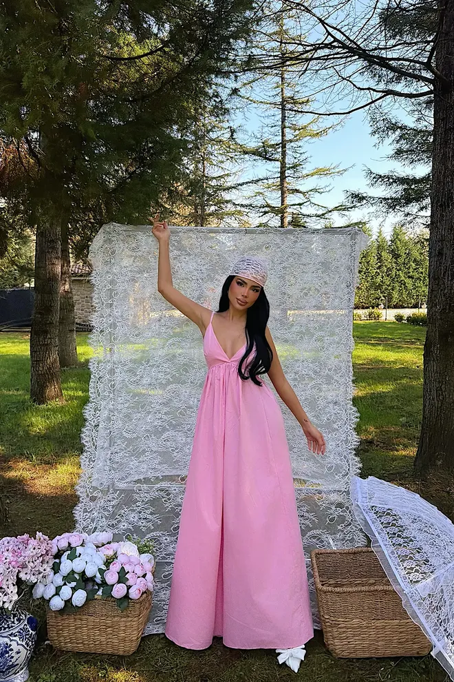 EYYO ATELIER Pink Elegant Slip Dress With Plunging Neck Wholesale Clothing 1