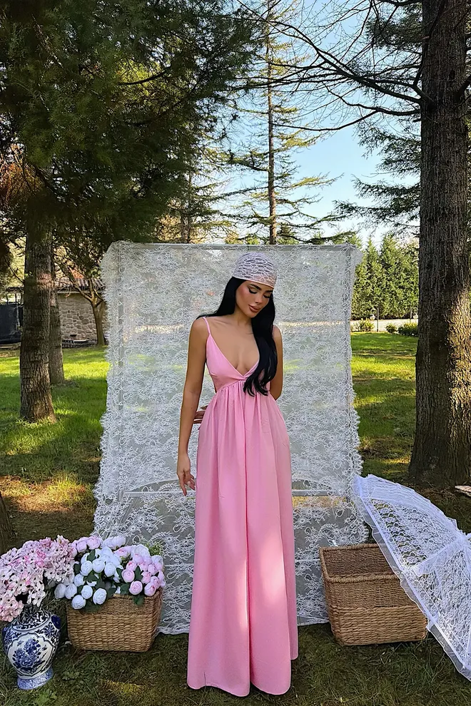 EYYO ATELIER Pink Elegant Slip Dress With Plunging Neck Wholesale Clothing Cocktail