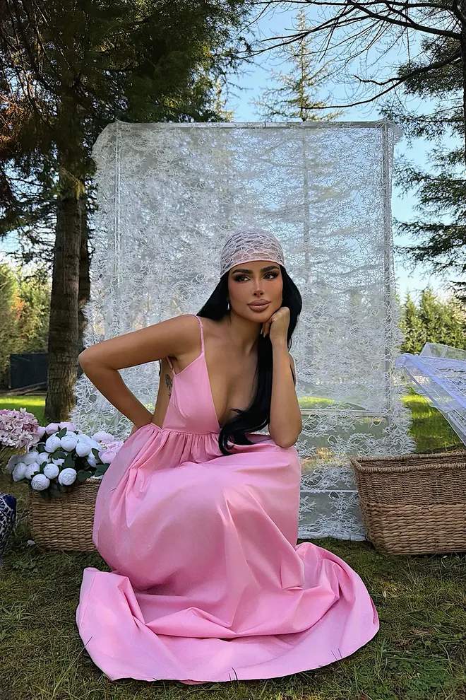 EYYO ATELIER Pink Elegant Slip Dress With Plunging Neck Wholesale Clothing Spring