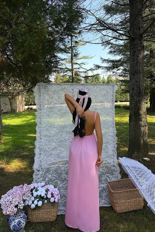 EYYO ATELIER Pink Elegant Slip Dress With Plunging Neck Wholesale Clothing Sexy