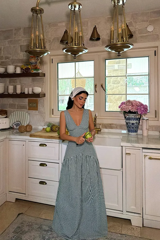 EYYO ATELIER Black Fit And Flare Checkered V Neck Dress Wholesale Clothing Lounge