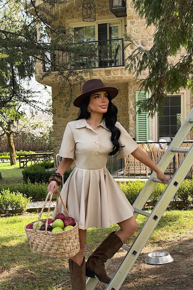 EYYO ATELIER Beige Fit And Flare Mini Dress With Notched Neck Wholesale Clothing Casual