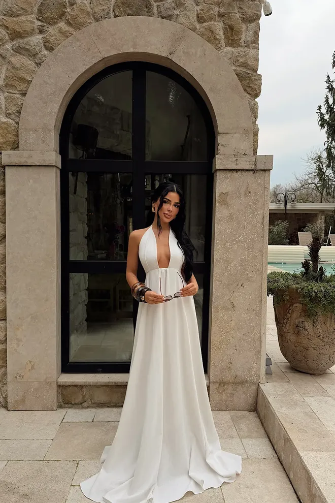 EYYO ATELIER Vestito Bianco Elegante Senza Schiena Con Scollo All'americana Abbigliamento all'ingrosso Sexy