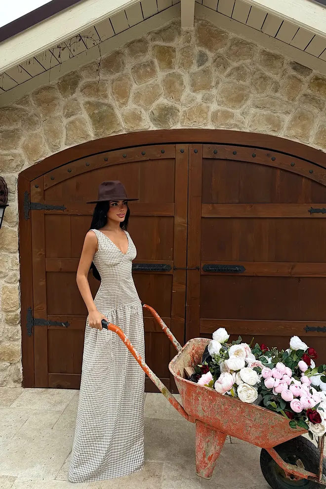 EYYO ATELIER Beige Fit And Flare Maxi Dress With V Neck Wholesale Clothing 1