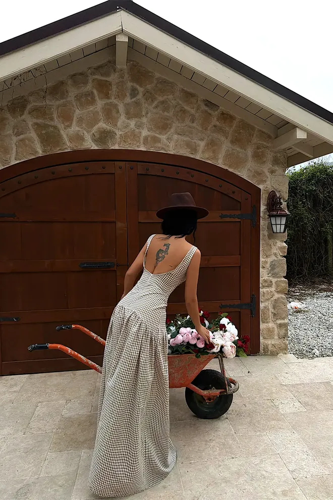 EYYO ATELIER Beige Fit And Flare Maxi Dress With V Neck Wholesale Clothing Boho