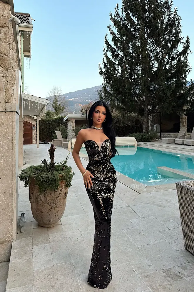 EYYO ATELIER Черна Глем Бодикон Рокля С Пайети До Земята Дрехи на едро Секси