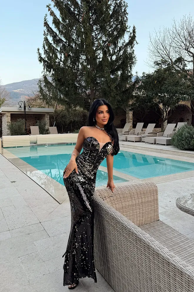 EYYO ATELIER Black Glam Sequined Bodycon Dress Floor Length Wholesale Clothing Cocktail