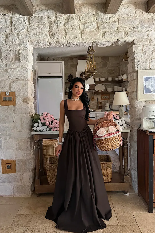 EYYO ATELIER Brown Elegant Fit And Flare Dress Wholesale Clothing Spring