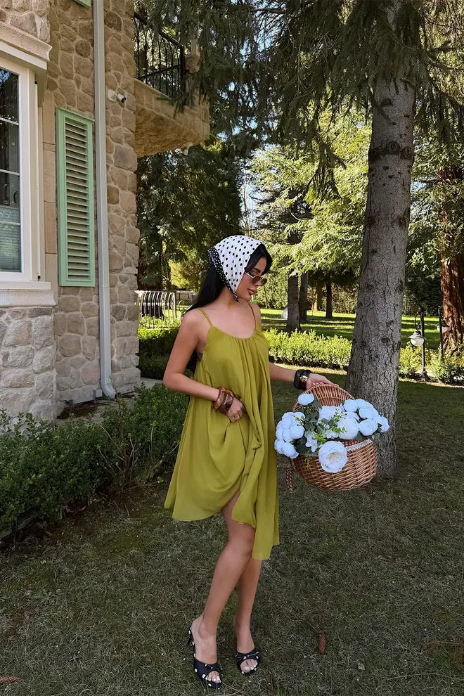 EYYO ATELIER Green Elegant Midi Slip Dress With Cap Sleeves Wholesale Clothing 1