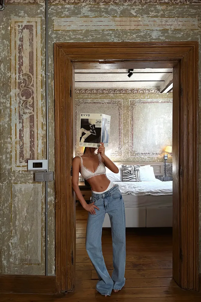 EYYO ATELIER Blue Mom Jeans With High Waist And Wide Leg Wholesale Clothing Lounge