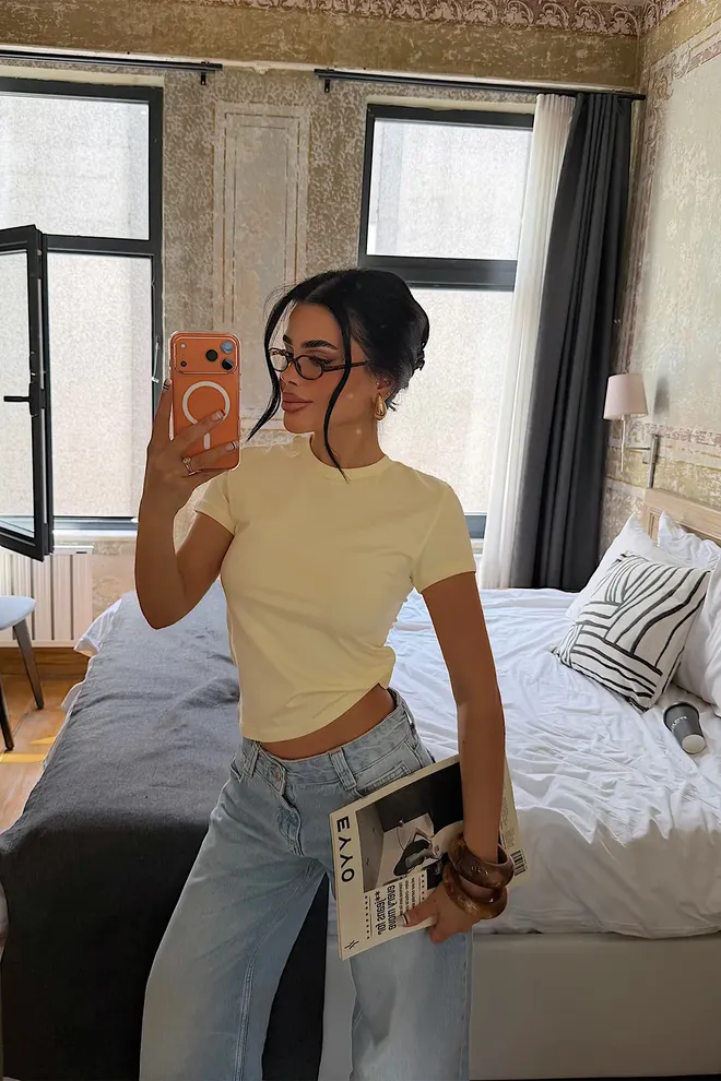 EYYO ATELIER Žltá Neformálna Slim Fit Košeľa S Okrúhlym Výstrihom Veľkoobchod s oblečením Neformálny