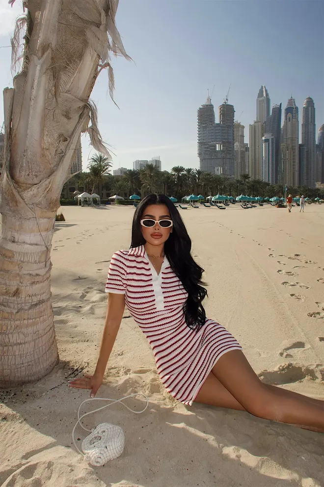 EYYO ATELIER White Striped Sheath Dress With Notched Neck Wholesale Clothing Beach