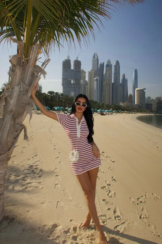 EYYO ATELIER White Striped Sheath Dress With Notched Neck Wholesale Clothing 1