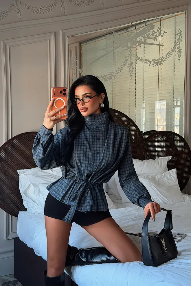 EYYO ATELIER Blue Checkered Buttoned Shirt With High Neck Wholesale Clothing 1