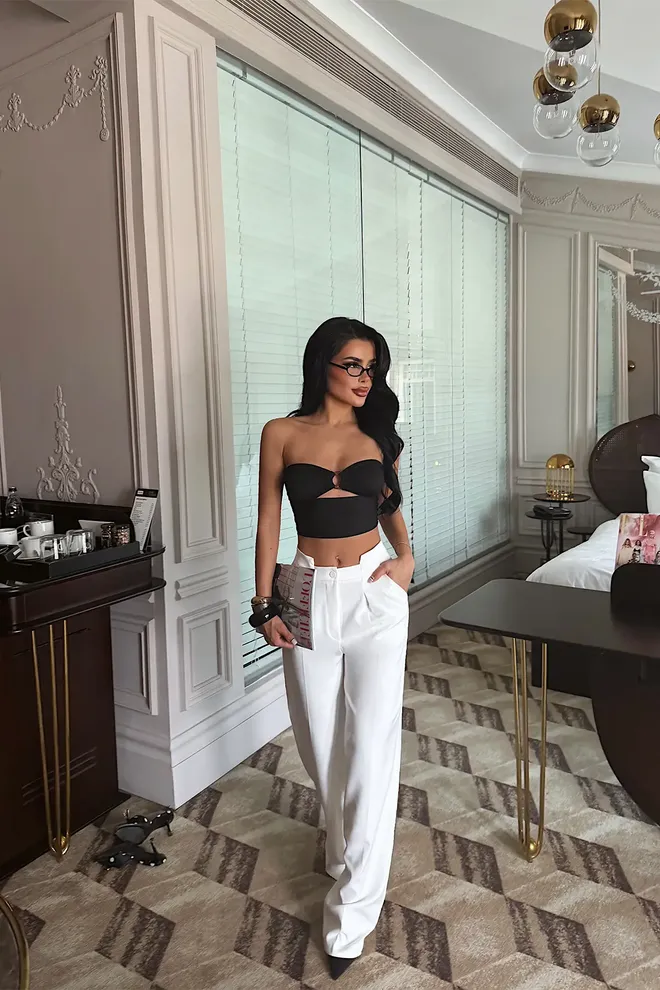 EYYO ATELIER Witte Elegante Formele Sexy Glam Palazzo Broek Groothandel Kleding Werk