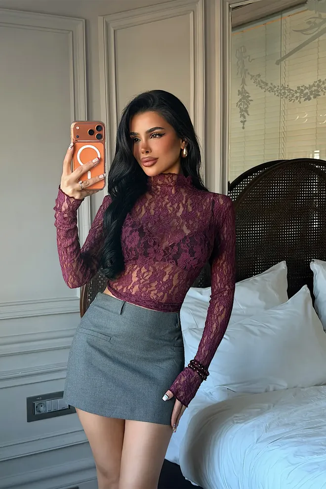 EYYO ATELIER Bordeauxrot Bluse Sexy Elegant Floral Crop Großhandelskleidung Sexy