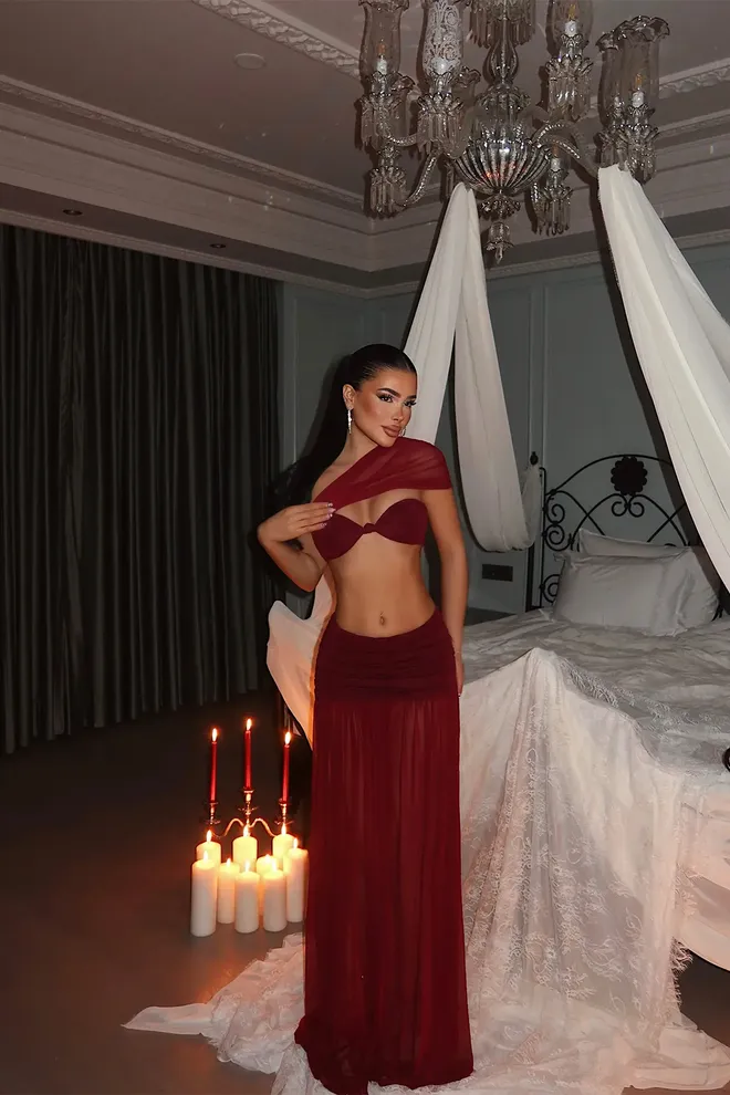 EYYO ATELIER Set Bordo Rdeča Seksi Eleganten Glam Oblačila na debelo Seksi