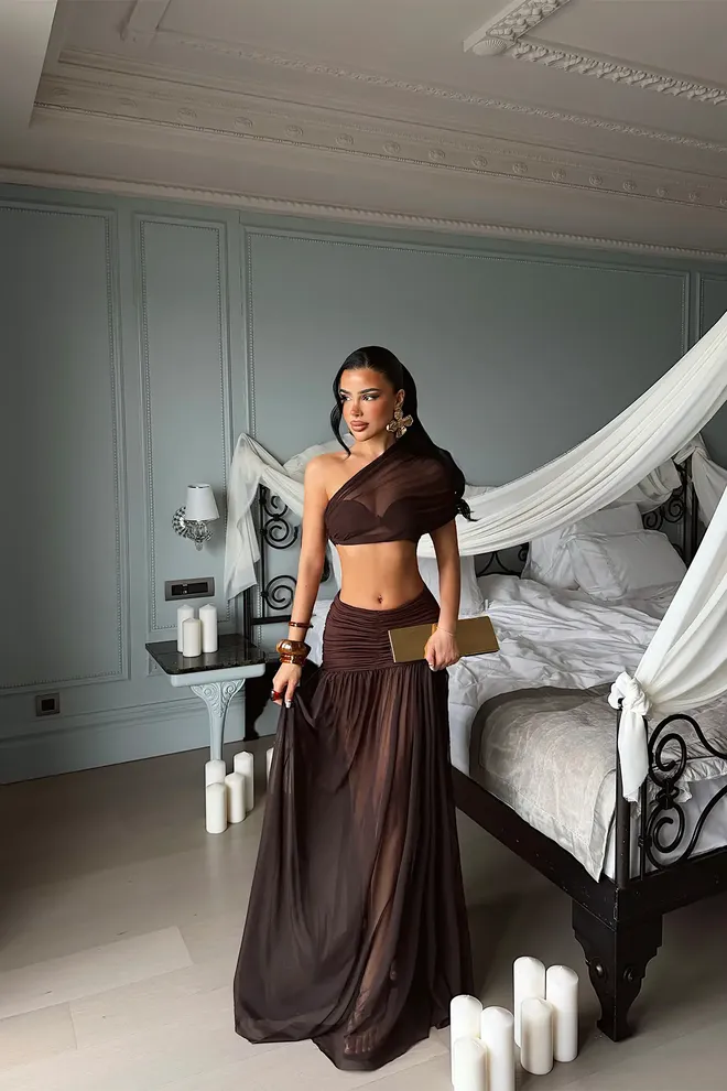 EYYO ATELIER Brown Elegant Slim Fit Set Wholesale Clothing Sexy