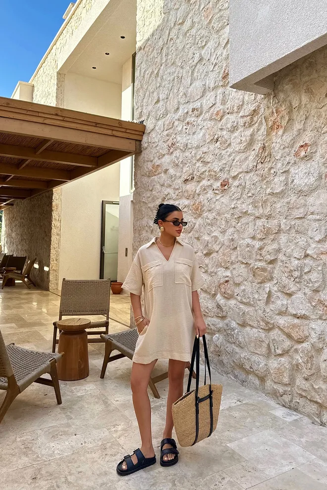 EYYO ATELIER Φόρεμα Λινό Πουκάμισο Σε Μπεζ Tilda Χονδρικό εμπόριο ενδυμάτων Casual