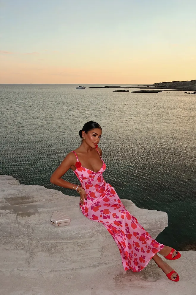 EYYO ATELIER Vestido De Tiras Com Detalhe Rosa Rosa Roupas por atacado Primavera