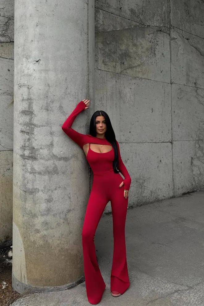 EYYO ATELIER Kırmızı Pencere Detay Tulum Toptan Giyim Gündelik