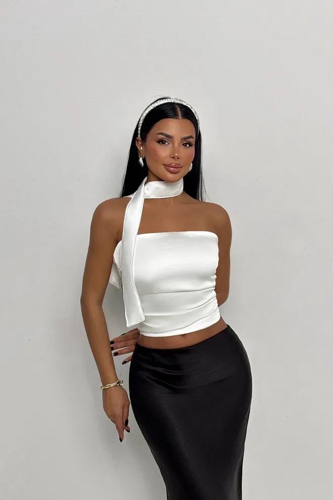 EYYO ATELIER Witte Satijnen Crop Top Groothandel Kleding Elegant