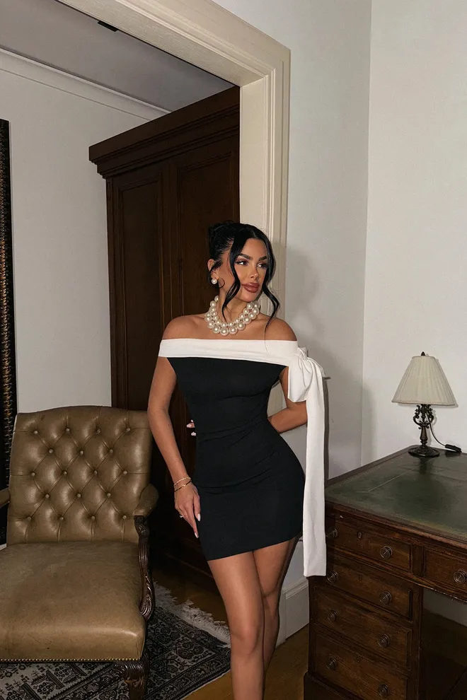 EYYO ATELIER Black Bow Detail Mini Dress Wholesale Clothing Spring