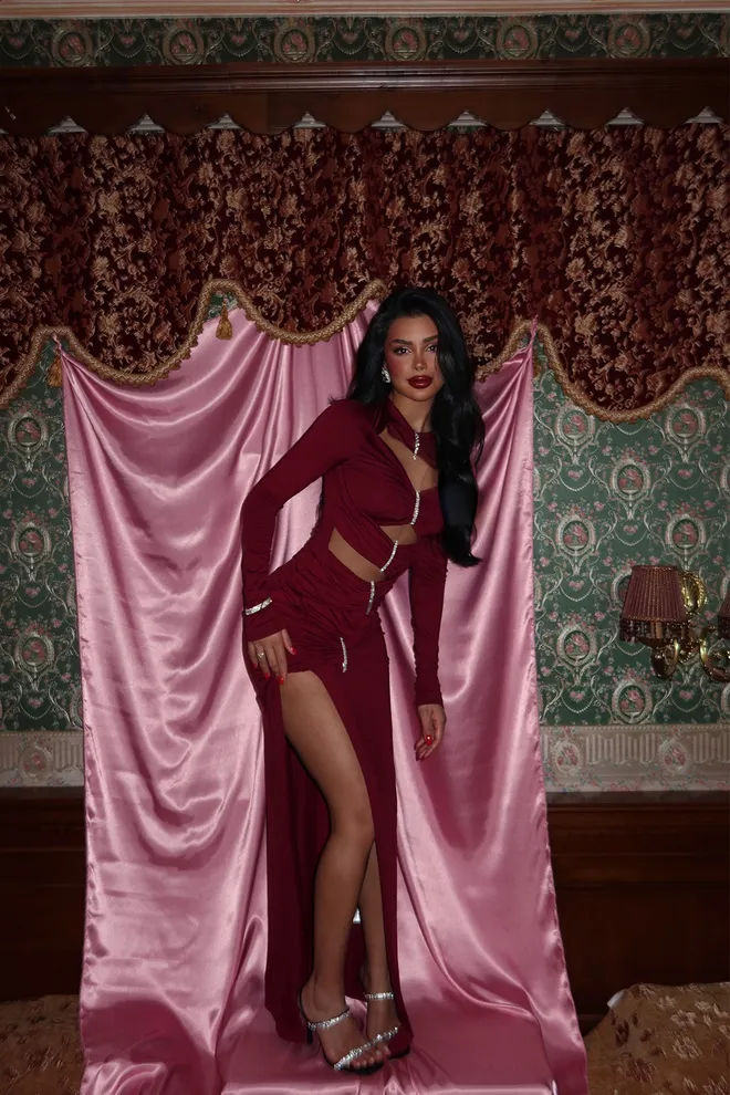 EYYO ATELIER Bordo Pencere Detay Uzun Elbise Toptan Giyim Zarif