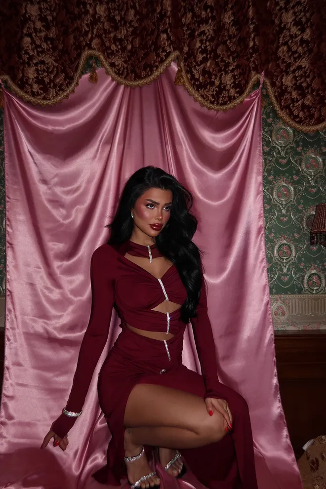 EYYO ATELIER Bordo Pencere Detay Uzun Elbise Toptan Giyim Parti