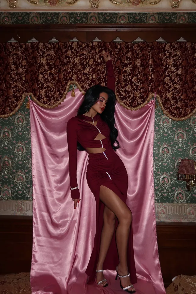 EYYO ATELIER Bordo Pencere Detay Uzun Elbise Toptan Giyim Bahar