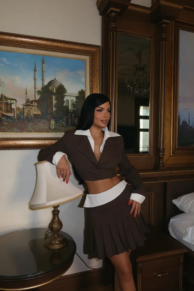 EYYO ATELIER Brown Pleated Skirt Set Wholesale Clothing Elegant
