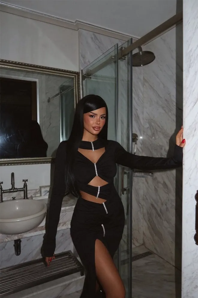 EYYO ATELIER Siyah Pencere Detay Uzun Elbise Toptan Giyim 5