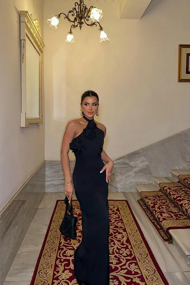 EYYO ATELIER Siyah Gül Detay Bağlamalı Elbise Toptan Giyim Zarif