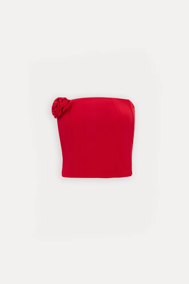 EYYO ATELIER Τριαντάφυλλο Λεπτομέρεια Στράπλες Crop Top Κόκκινο Χονδρικό εμπόριο ενδυμάτων Κομψό