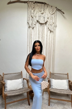 A wholesale clothing model wears eyo11156-baby-blue-slit-detailed-skirt-suit, Turkish wholesale Suit of EYYO
