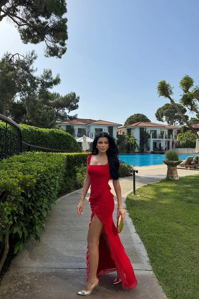 EYYO ATELIER Red Astrid Slit Long Dress Wholesale Clothing Formal