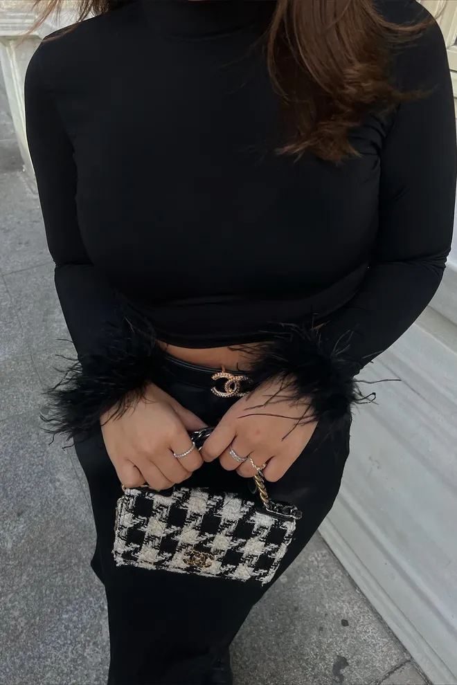 EYYO ATELIER Black Sleeves Feather Detail Blouse Wholesale Clothing Polyester