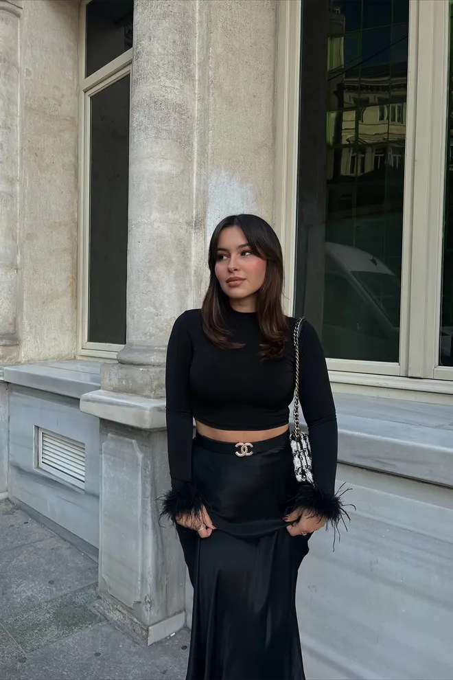 EYYO ATELIER Black Sleeves Feather Detail Blouse Wholesale Clothing Birthday