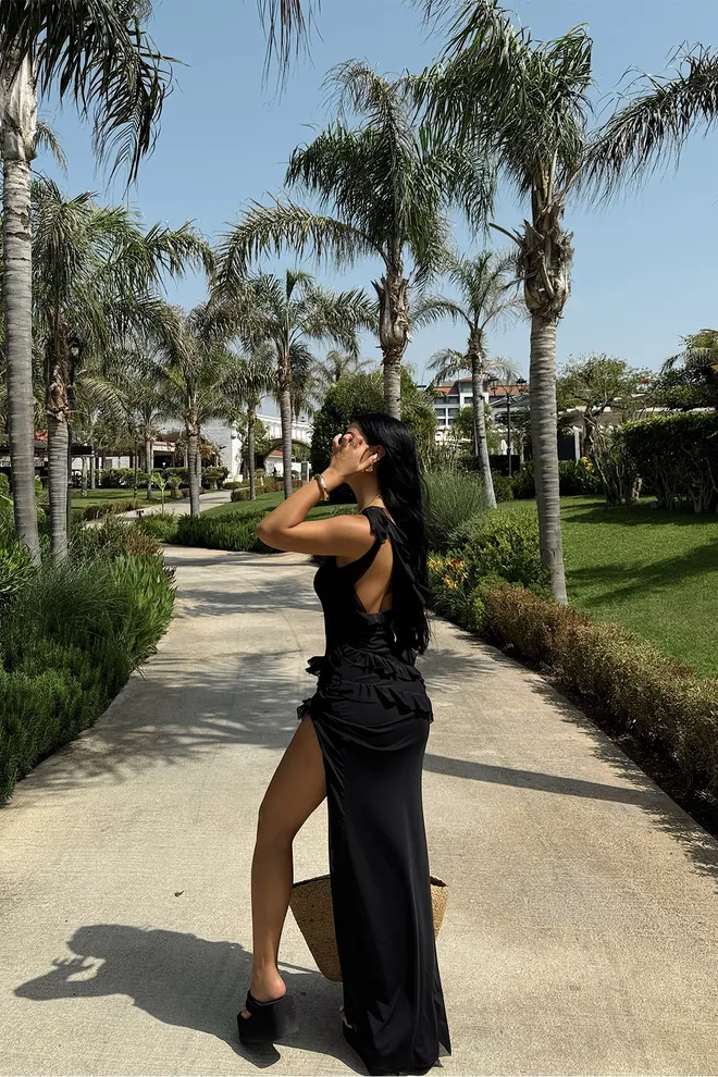 EYYO ATELIER Black Astrid Slit Long Dress Wholesale Clothing Elastane