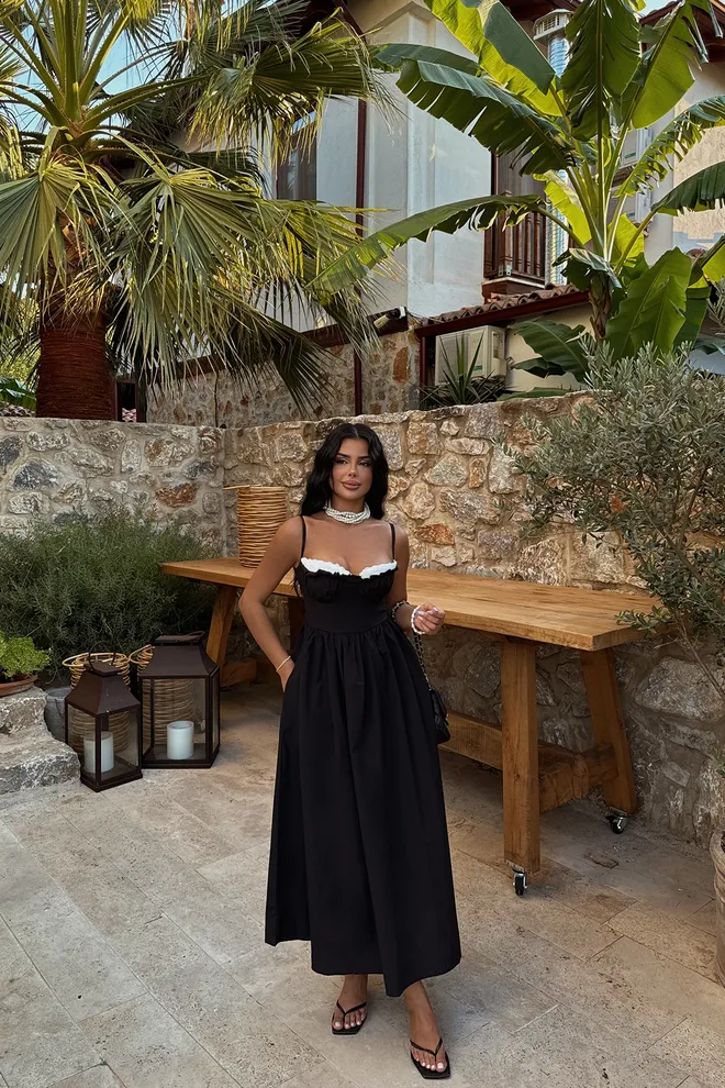 EYYO ATELIER Siyah Askılı Elbise Toptan Giyim Polyester