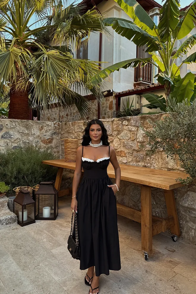 EYYO ATELIER Siyah Askılı Elbise Toptan Giyim Elastan