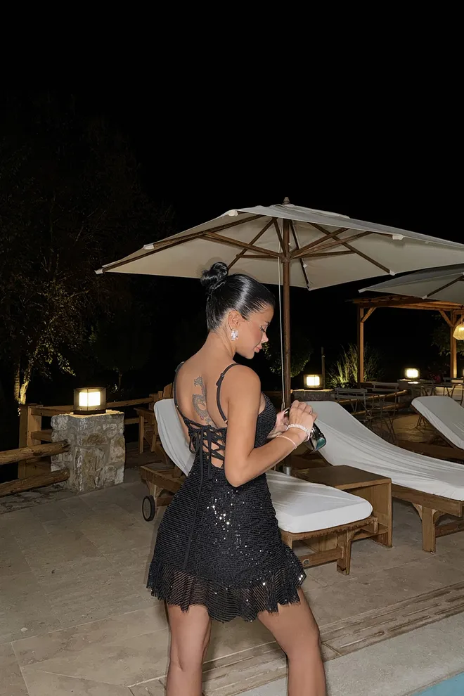 EYYO ATELIER Mini Vestido Preto Com Detalhe De Lantejoulas Roupas por atacado Aniversário