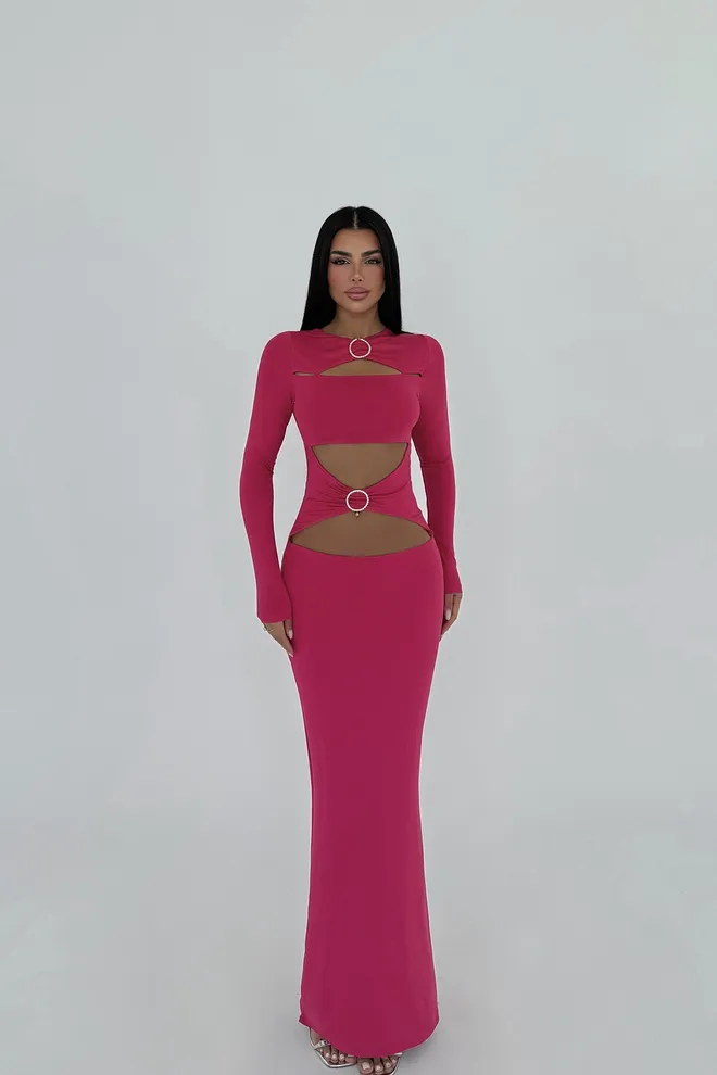 EYYO ATELIER Fuchsia Ring Detail Long Dress Wholesale Clothing Elegant