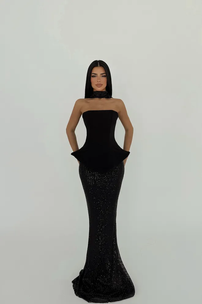 EYYO ATELIER Viona Skirt Top Set Evening Dress Black Toptan Giyim Zarif