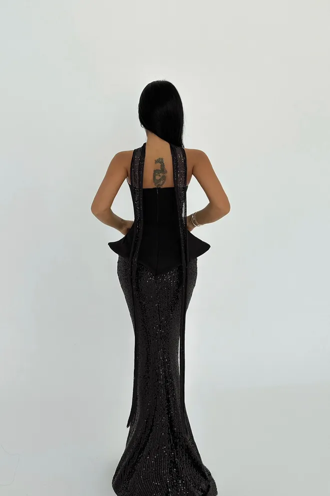 EYYO ATELIER Viona Skirt Top Set Evening Dress Black Toptan Giyim Akşam
