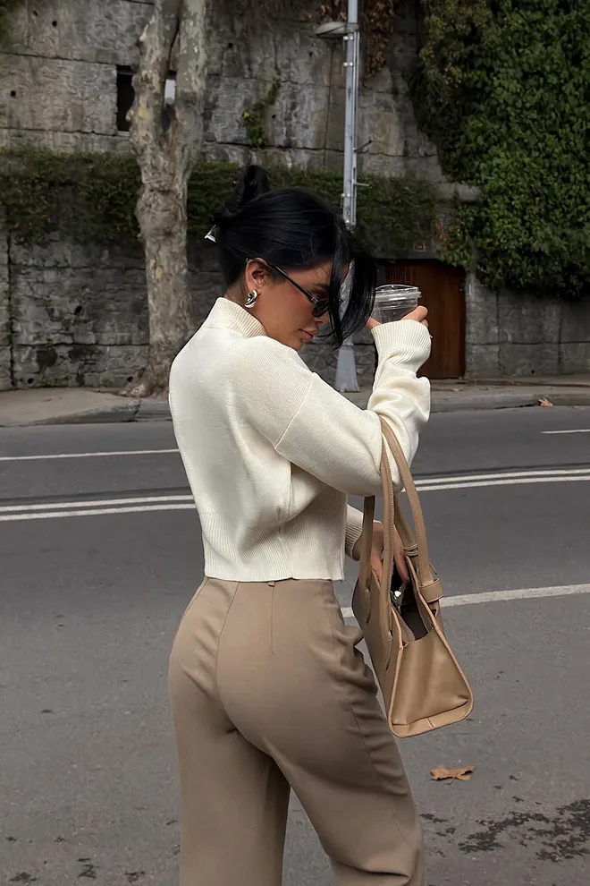 EYYO ATELIER Beige Cardigan Zip Up High Neck Crop – Regular Fit Wholesale Clothing Streetwear